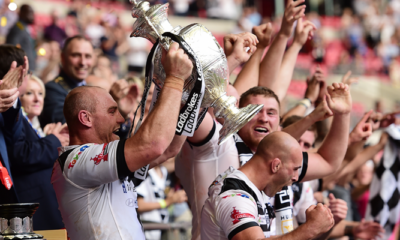 Hull FC captain Gareth Ellis lifts the Ladbrokes Challenge Cup after Hull FC's 12-10 victory over the Warrington Wolves at Wembley Stadium.