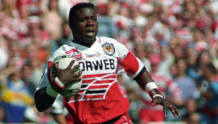 Martin Offiah playing for Wigan Warriors