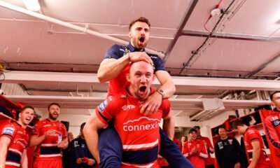 Tom Garratt and George King of Hull KR celebrate after their teams win over Hull FC
