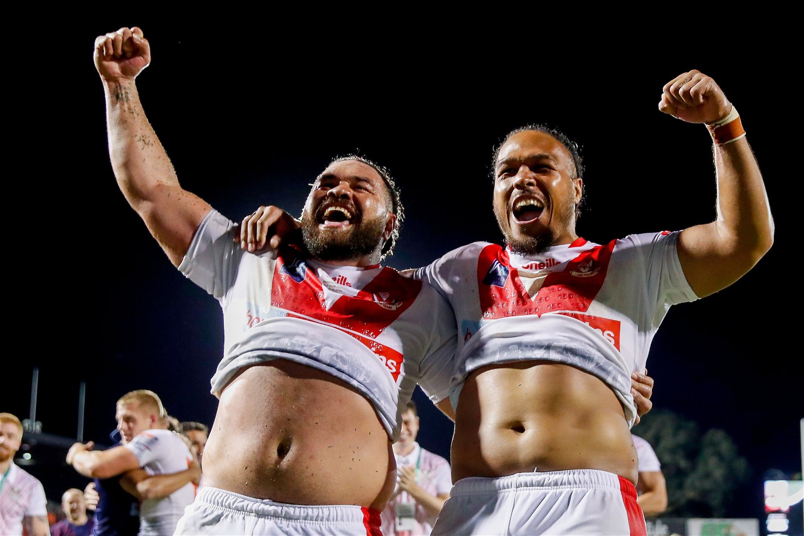 Konrad Hurrell and Ignatius Paasi celebrate after winning the World Club Challenge against Penrith.