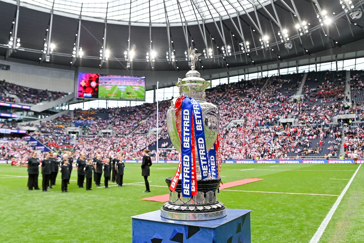 The Challenge Cup trophy at the Tottenham Hotspur Stadium before the game.
