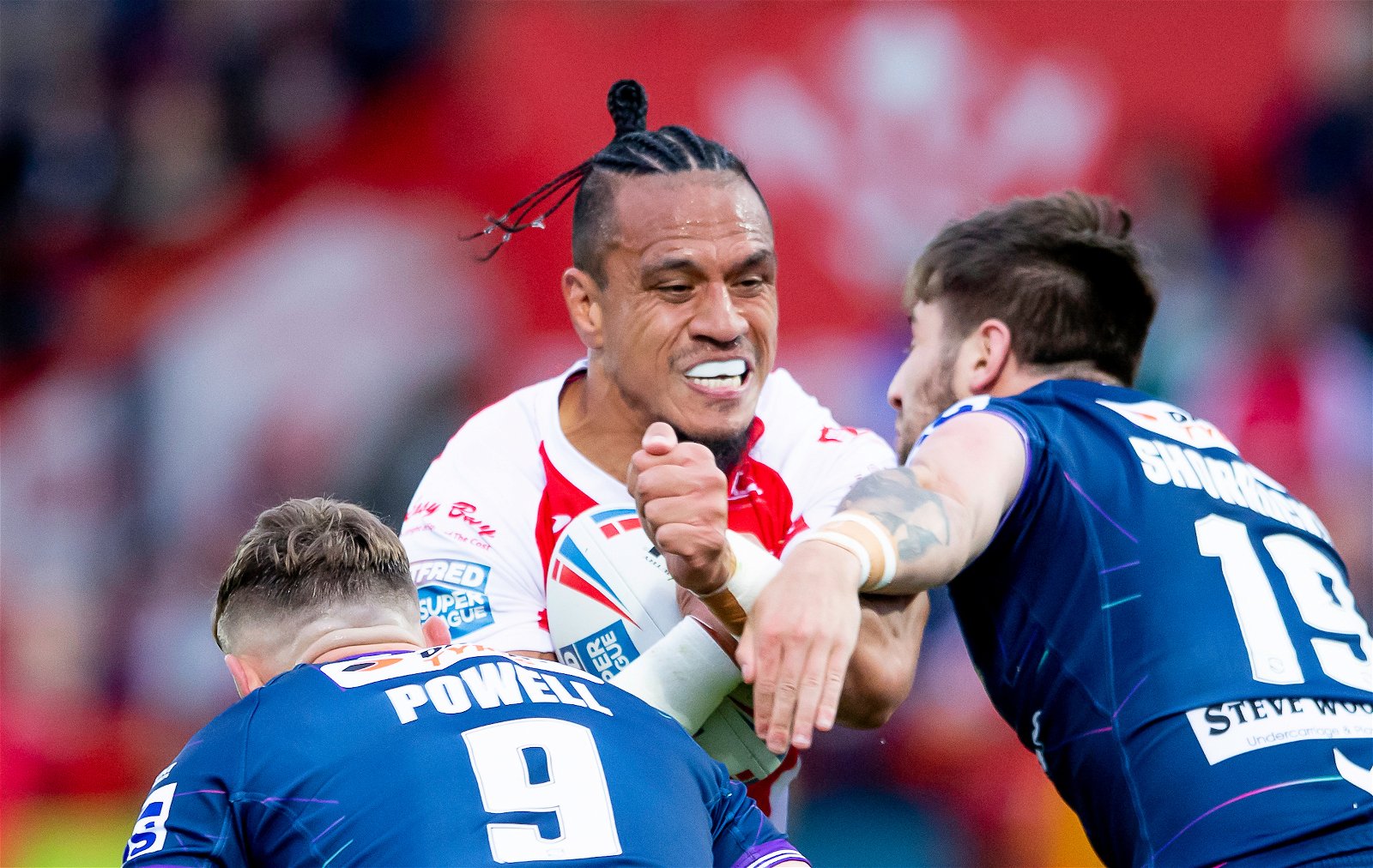 Hull KR Jesse Sue is tackled. He faces Super League disciplinary action.