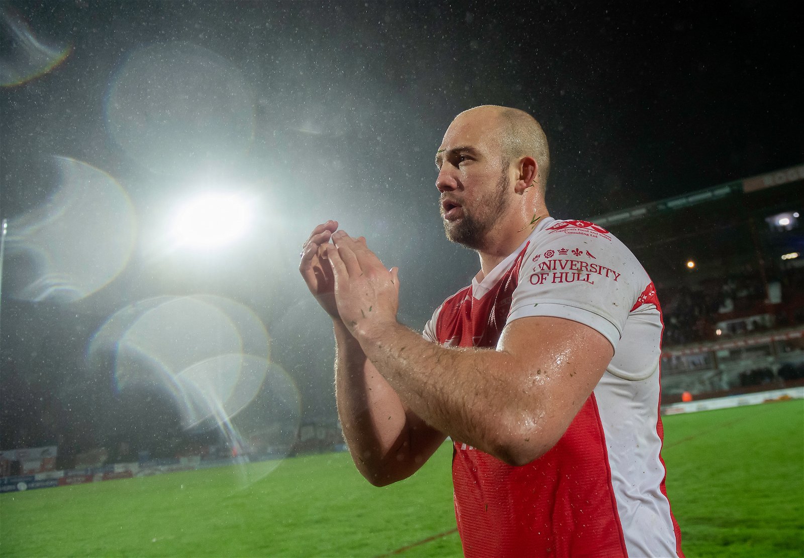 Hull KR's George King thanks the fans for their support after victory over Leeds.