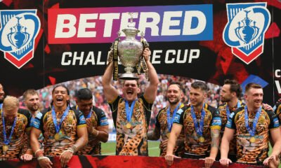 Leigh Leopards prop forward Robbie Mulhern lifts the Challenge Cup Trophy during the Rugby League Challenge Cup Final match between Hull Kingston Rovers and Leigh Leopards at Wembley Stadium.