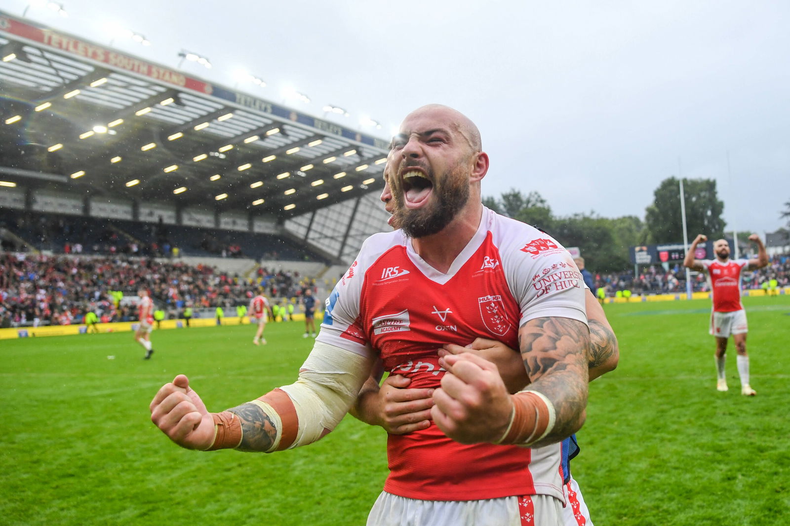 Hull KR forward Sam Luckley celebrating the club's Challenge Cup semi-final win over Wigan Warriors. Picture by Olly Hassell/SWpix.com Copyright: x xSWpix.comxt/axPhotographyxHubxLtdxOllyxHassell/SWpix.comx SWP-2150-0028