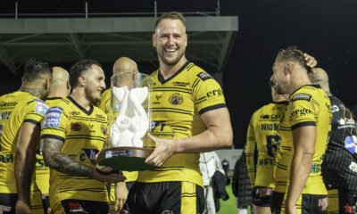Castleford s Joe Westerman with the Adam Watene trophy after victory over Wakefield Trinity