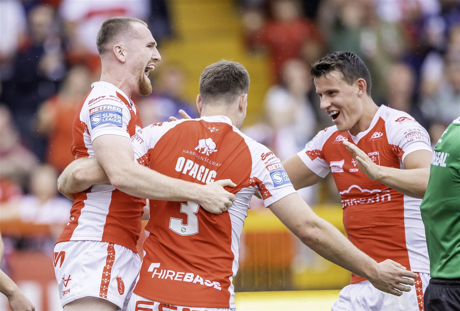 Rowan Milnes, Louis Senior and Tom Opacic stand, playing for Hull KR
