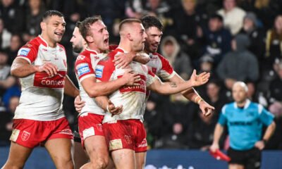 Hull Kr celebrate a win over Hull FC on Super League opening night.