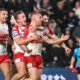 Hull Kr celebrate a win over Hull FC on Super League opening night.