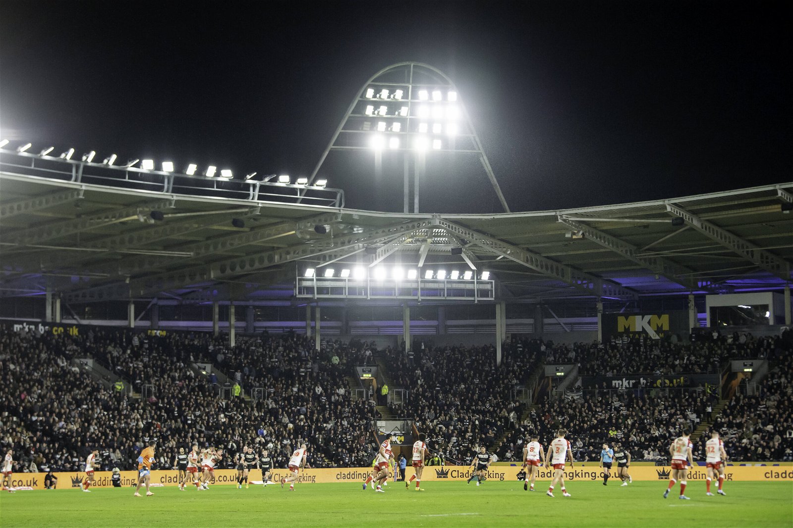 A view from a corner of MKM Stadium, Hull, during Hull FC vs Hull KR in Round One of Super League 2-24. The stands are full.
