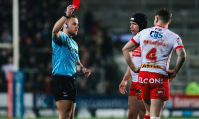 Referee Tom Grant shows St Helens star Mark Percival a red card as the new Super League disciplinary laws continue to take centre stage.