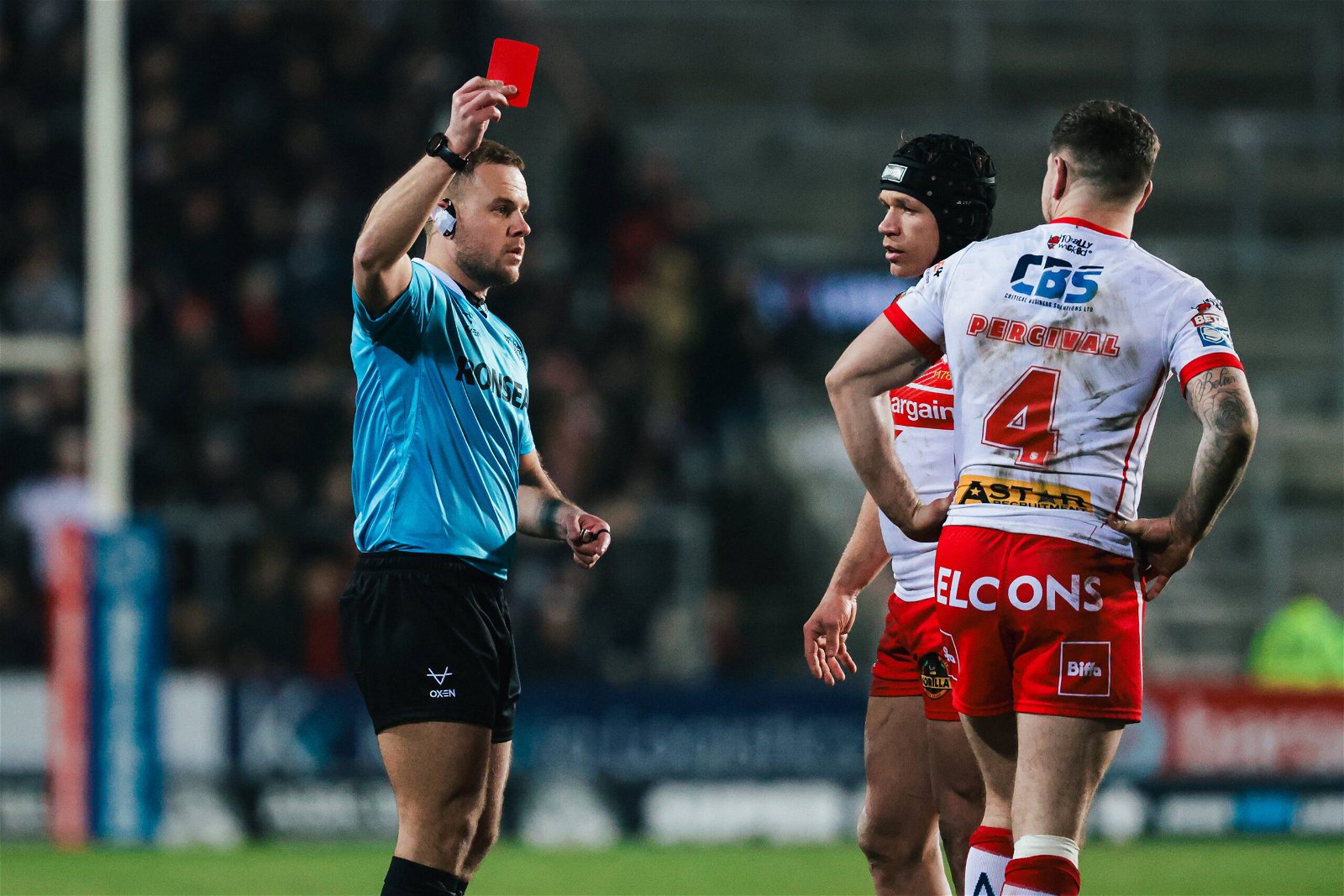 Referee Tom Grant shows St Helens Mark Percival a red card 