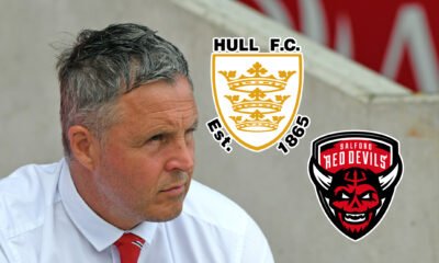 Paul Rowley in an image next to the badges of Hull FC and Salford Red Devils