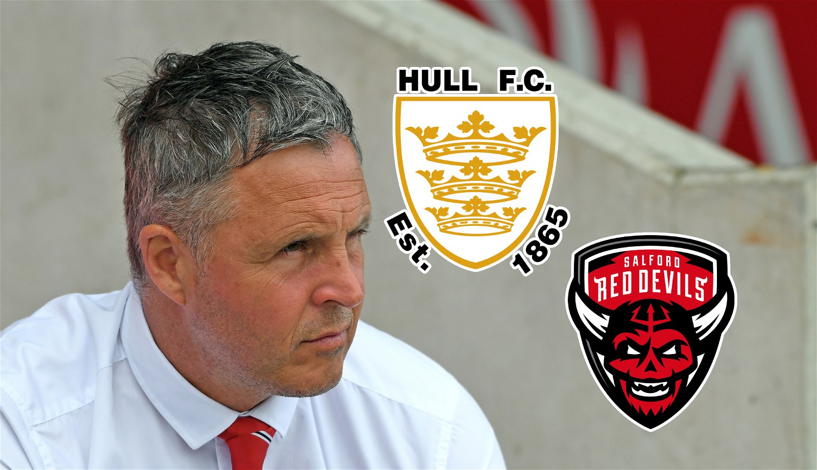 Paul Rowley in an image next to the badges of Hull FC and Salford Red Devils