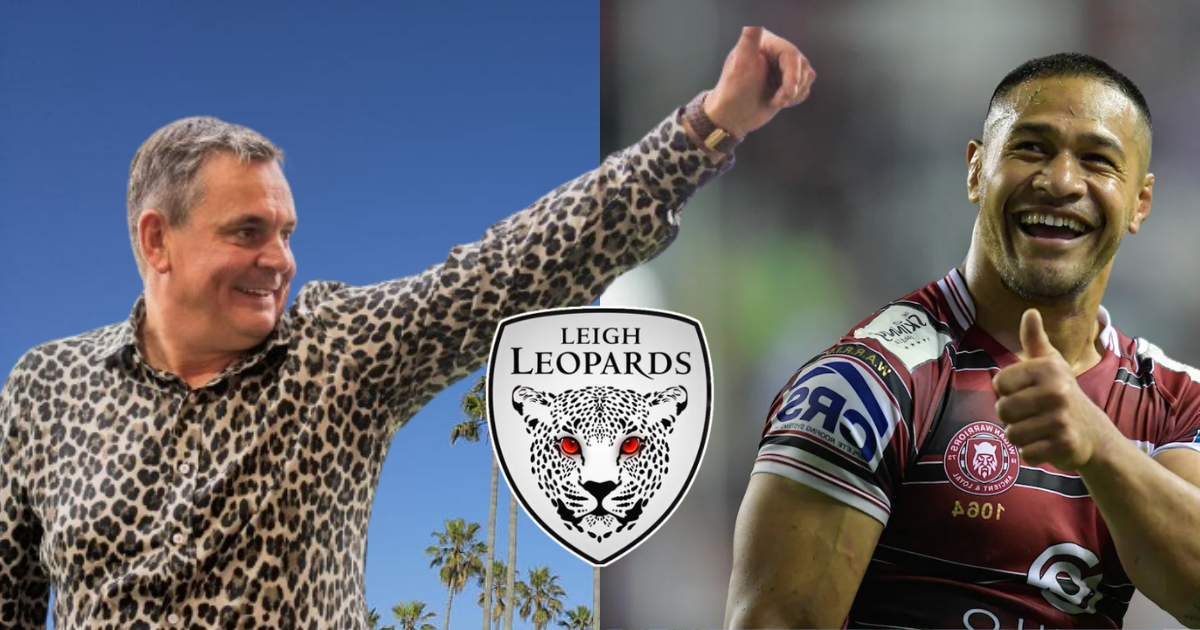 Derek Beaumont and Willie Isa thumbs up to each other. Leigh Leopards badge is visible also.