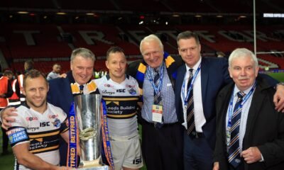 Leeds Rhinos chairmen Paul Caddick, Gary Hetherington with Danny McGuire and Rob Burrow