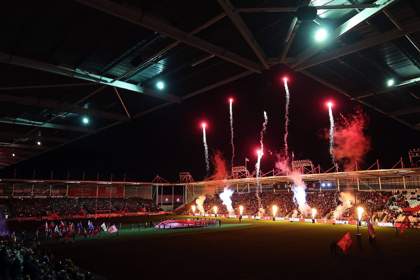 A general view as fireworks go ahead as the two teams take to the field in St Helens v London Broncos, Super League, 