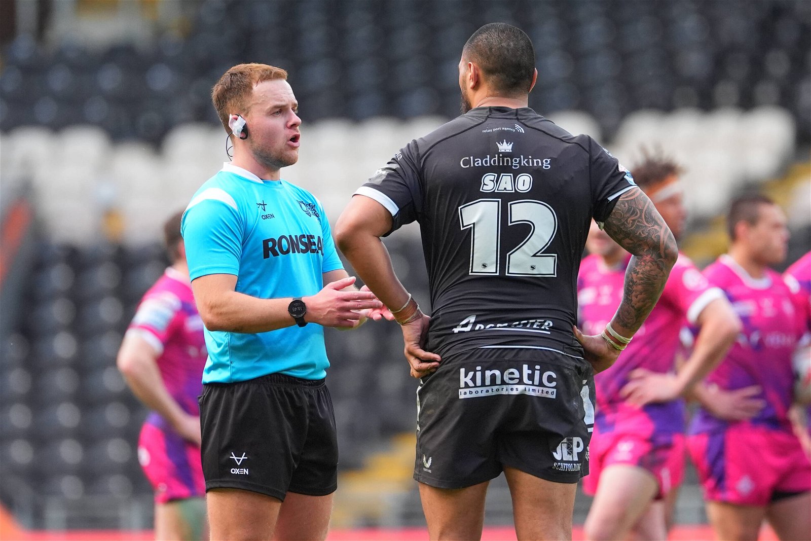 Ligi Sao of Hull FC being admonished by a referee in Super League disciplinary action
