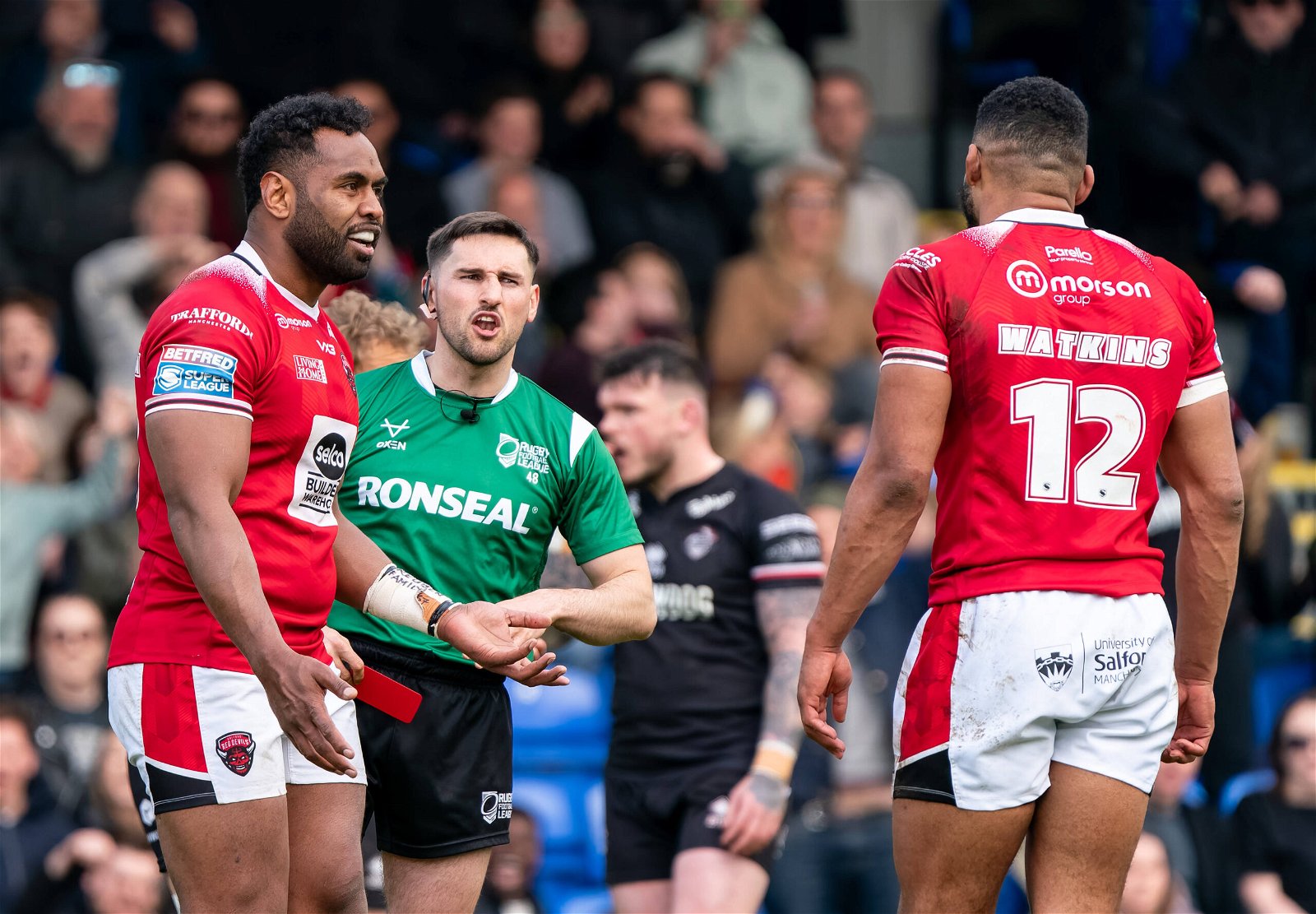 KING VUNIYAYAWA of Salford Red Devils left is sent off during the Betfred Super League match between London Broncos and Salford Red Devils at Plough Lane. Super League disciplinary