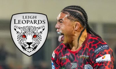 Leigh Leopards badge and a picture of Tom Amone with his tongue out