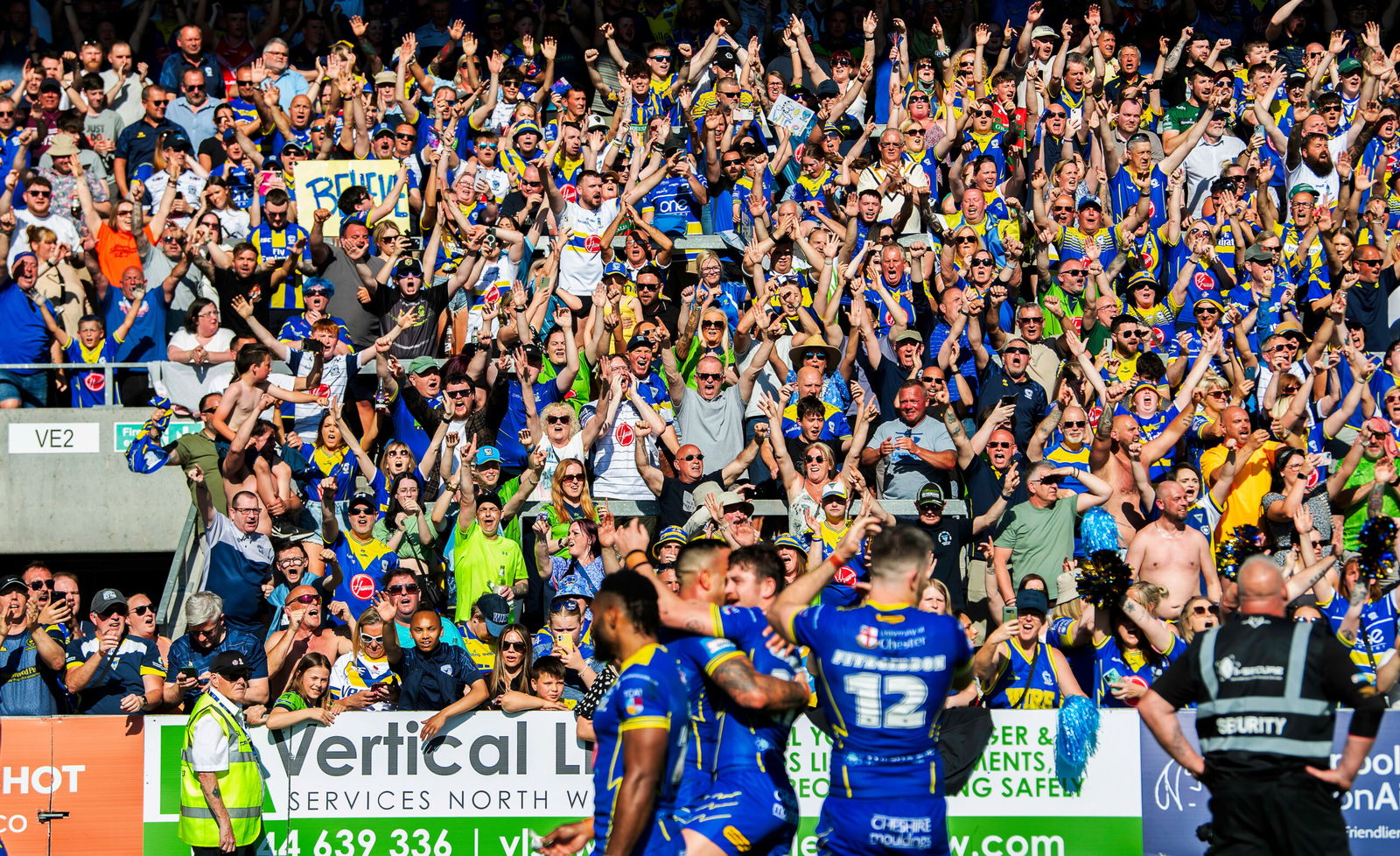 Warrington Wolves players celebrate winning the Challenge Cup semi-finals