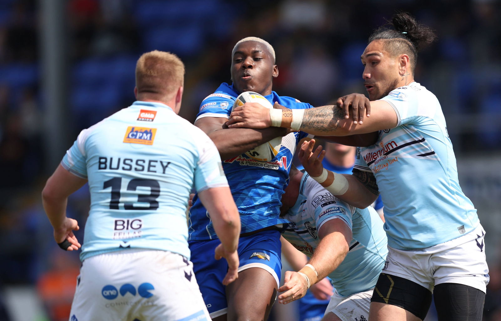 Barrow Raiders Sam Eseh in action with Featherstone Rovers Jesse Sene-Lefao 