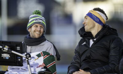 Kevin Sinfield (r) with Rob Burrow after completing his Extra Mile Challenge of 101 miles in under 24hrs.