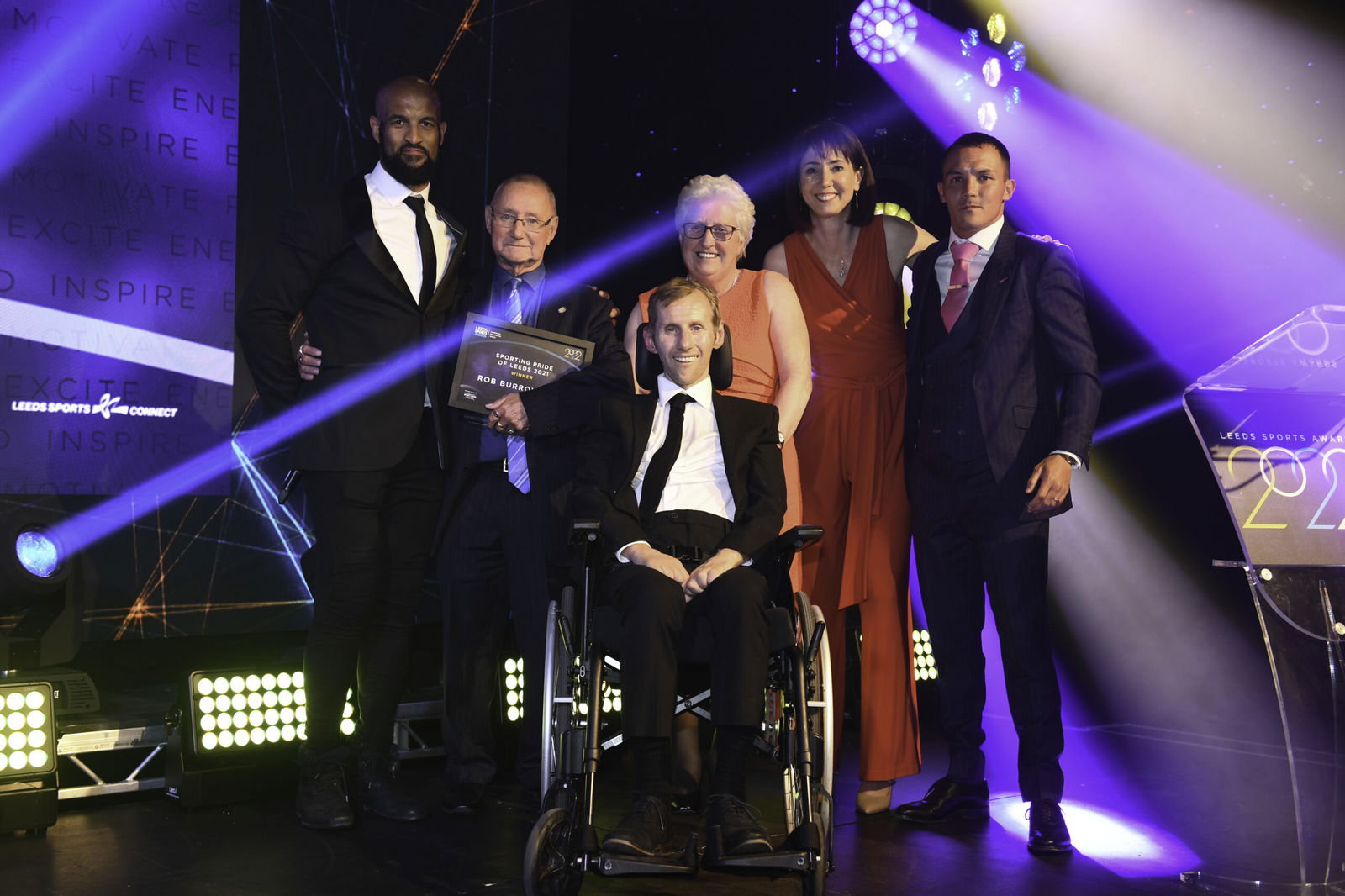 Rob Burrow and his parents, Sporting Pride of Leeds Award with, Jamie Jones Buchanan, Tanya Arnold and Josh Warrington