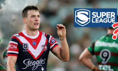 Luke Keary for Sydney Roosters and a Super League logo