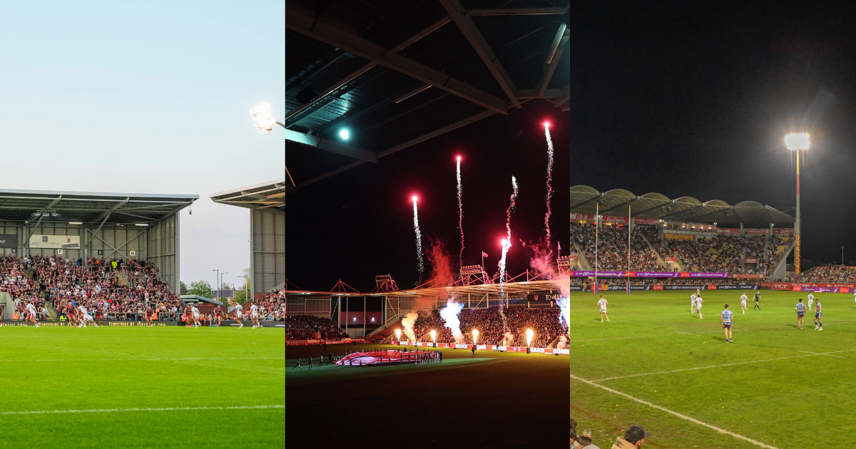 Stadiums: Leigh Sports Village (Leigh Leopards), Totally Wicked Stadium (St Helens) and Stade Gilbert Brutus (Catalans Dragons)