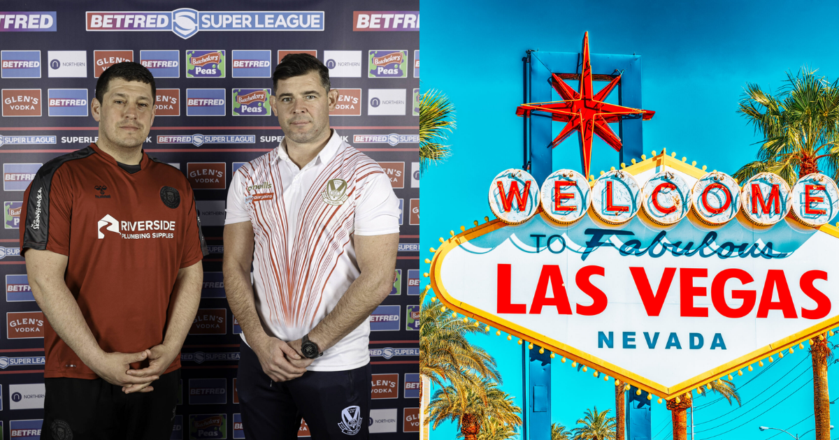 Wigan Warriors and St Helens head coaches in front of Super League hoarding, next to an image of the Welcome to Las Vegas sign