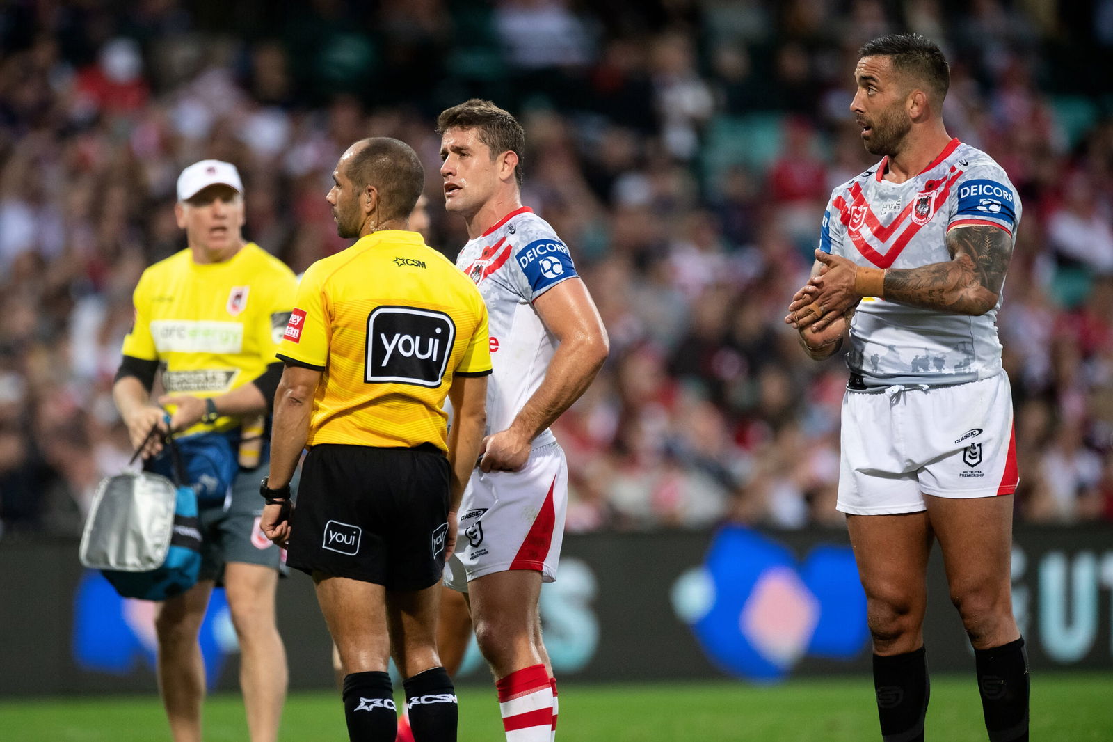 Andrew McCullough of the Dragons talks to the referee about a decision during the round seven National Rugby League match between the Sydney Roosters and St George Illawarra Dragons