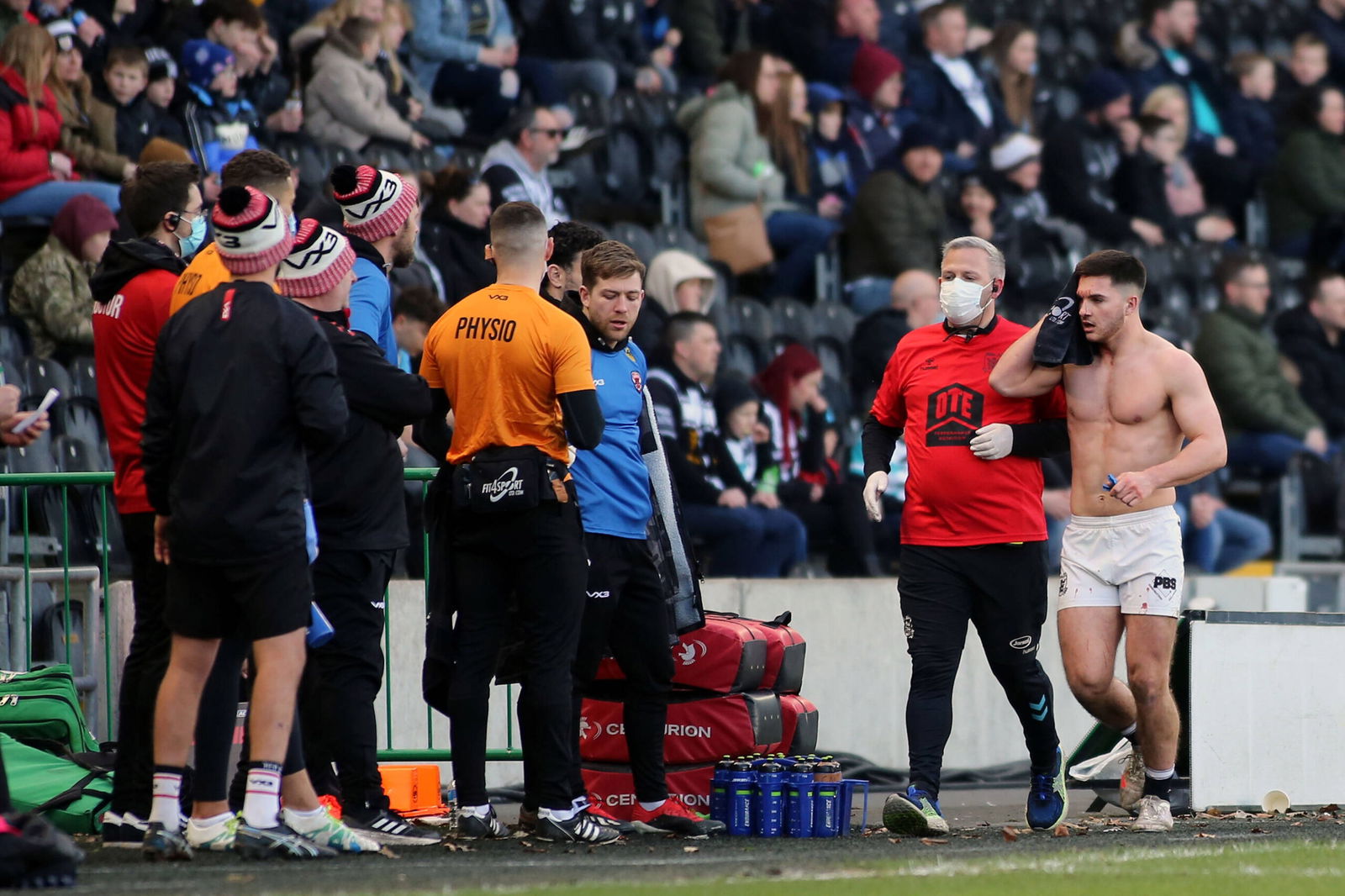 Hull FC half back Ben McNamara 19 leaves the field for a Head Injury Assessment during the Betfred Super League match between Hull FC and Salford Red Devils