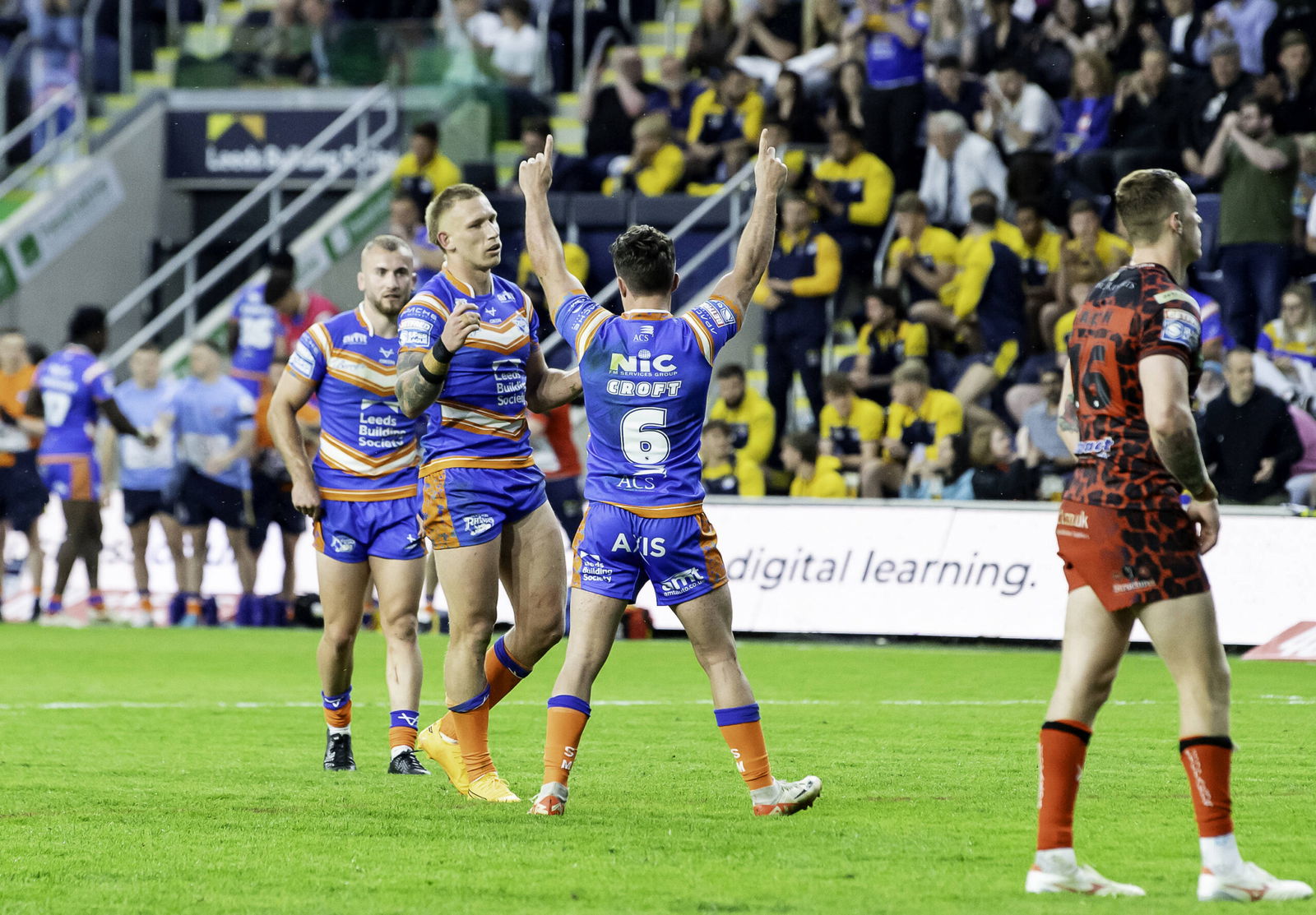 Leeds s Brodie Croft celebrate victory over Leigh in Super League.