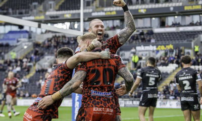 Zak Hardaker and Oliver Holmes celebrate against Hull FC for Leigh Leopards