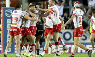 Picture by Paul Currie/SWpix.com - 08/08/2024 - Rugby League - Betfred Super League Round 21 - St Helens v Salford Red Devils - The Totally Wicked Stadium, St Helens, England - St Helens' Moses Mbye scores the golden point and celebrates