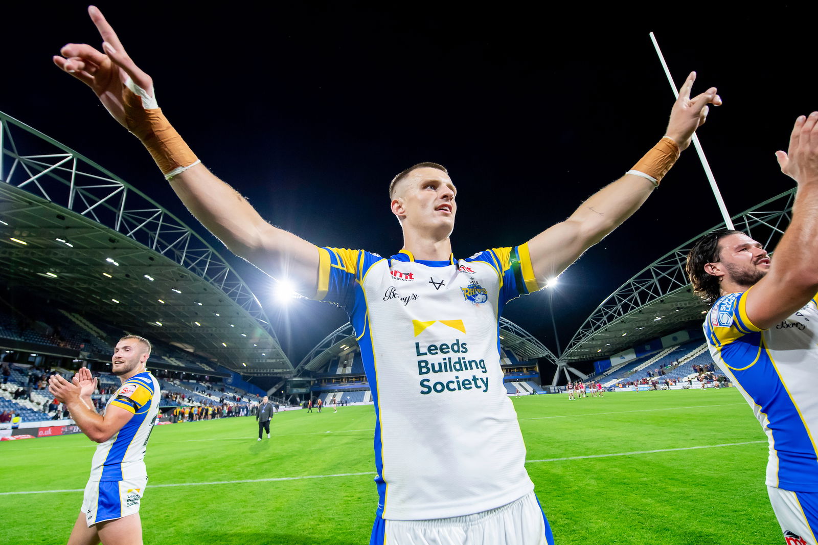 - 25/07/2024 - Rugby League - Betfred Super League Round 19 - Huddersfield Giants v Leeds Rhinos - John Smith's Stadium, Huddersfield, England - Leeds' Ash Handley celebrates victory over Huddersfield.