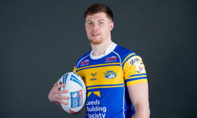 Leeds Rhinos forward Morgan Gannon posing with a rugby ball