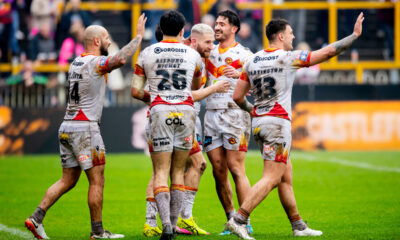 - 22/03/2025 - Rugby League - Betfred Super League Round 5 - Castleford Tigers v Catalans Dragons - the Mend A Hose Jungle, Castleford, England - Catalans' Sam Tomkins celebrates scoring a try against Castleford.