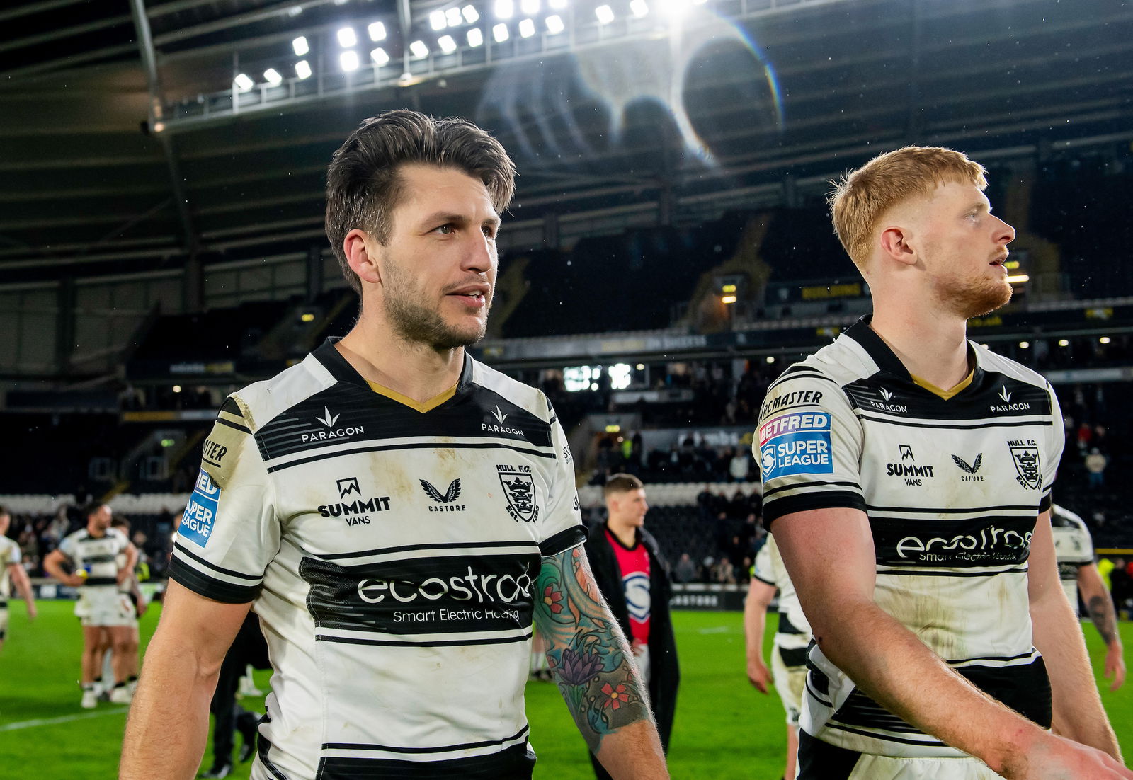 - 06/03/2025 - Rugby League - Betfred Super League Round 4 - Hull FC v Leigh Leopards - MKM Stadium, Kingston upon Hull, England - Hull FC's Tom Briscoe & Harvey Barron after their side ties against Leigh after Golden Point.