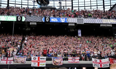 - 01/03/2025 - Rugby League Las Vegas - Betfred Super League Round 3 - Wigan Warriors v Warrington Wolves - Allegiant Stadium, Las Vegas, USA - Wigan Warriors fans celebrate their teams victory over Warrington