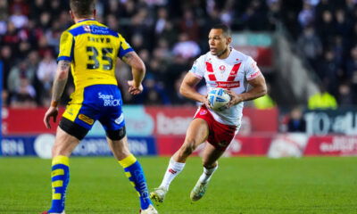 St Helens Moses Mbye in action against Warrington Wolves