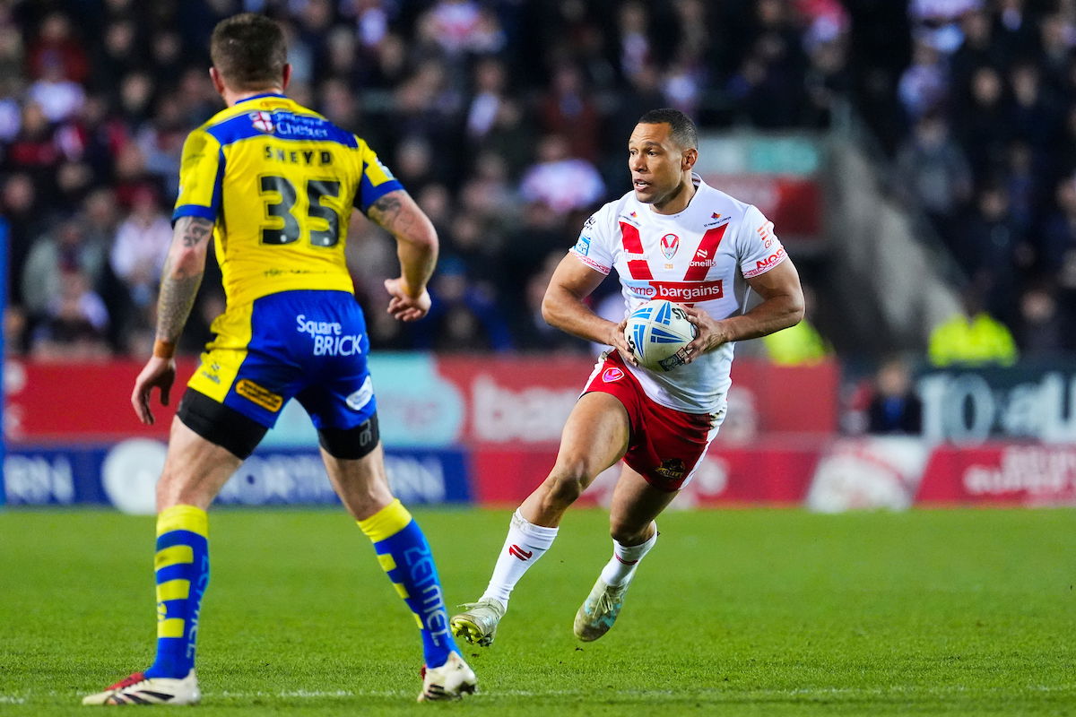 St Helens Moses Mbye in action against Warrington Wolves