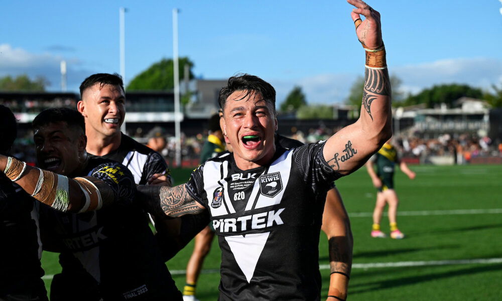 NRL fullback Charnze Nicoll-Klokstad celebrating a try