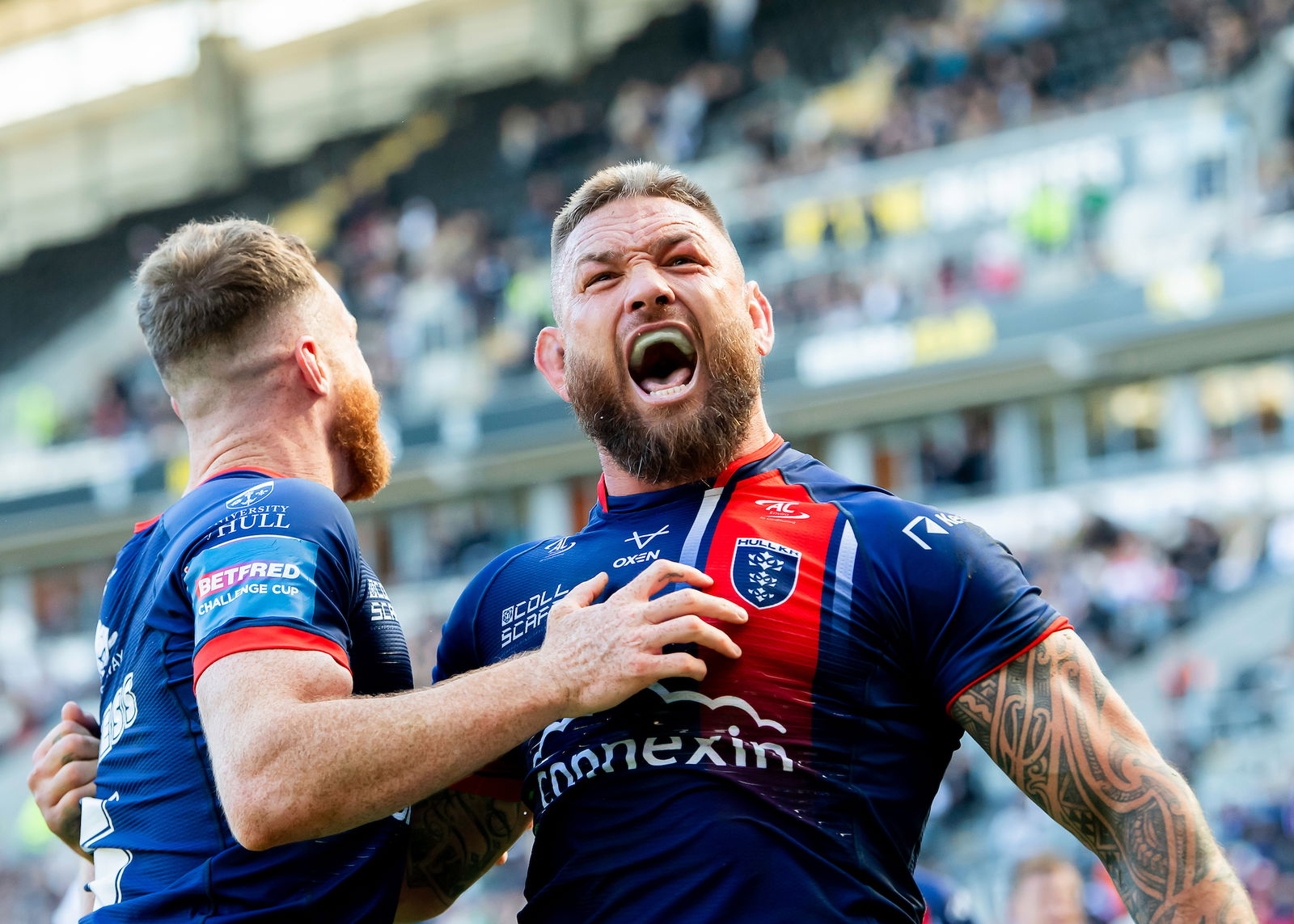- 05/04/2025 - Rugby League - Betfred Challenge Cup Quarter Final - Hull FC v Hull KR - MKM Stadium, Kingston upon Hull, England - Jared Waerea-Hargreaves celebrates victory with Joe Burgess.