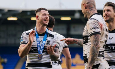 Hull FC halfback Cade Cust celebrates victory
