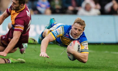 Leeds Rhinos fullback Lachie Miller scores a try