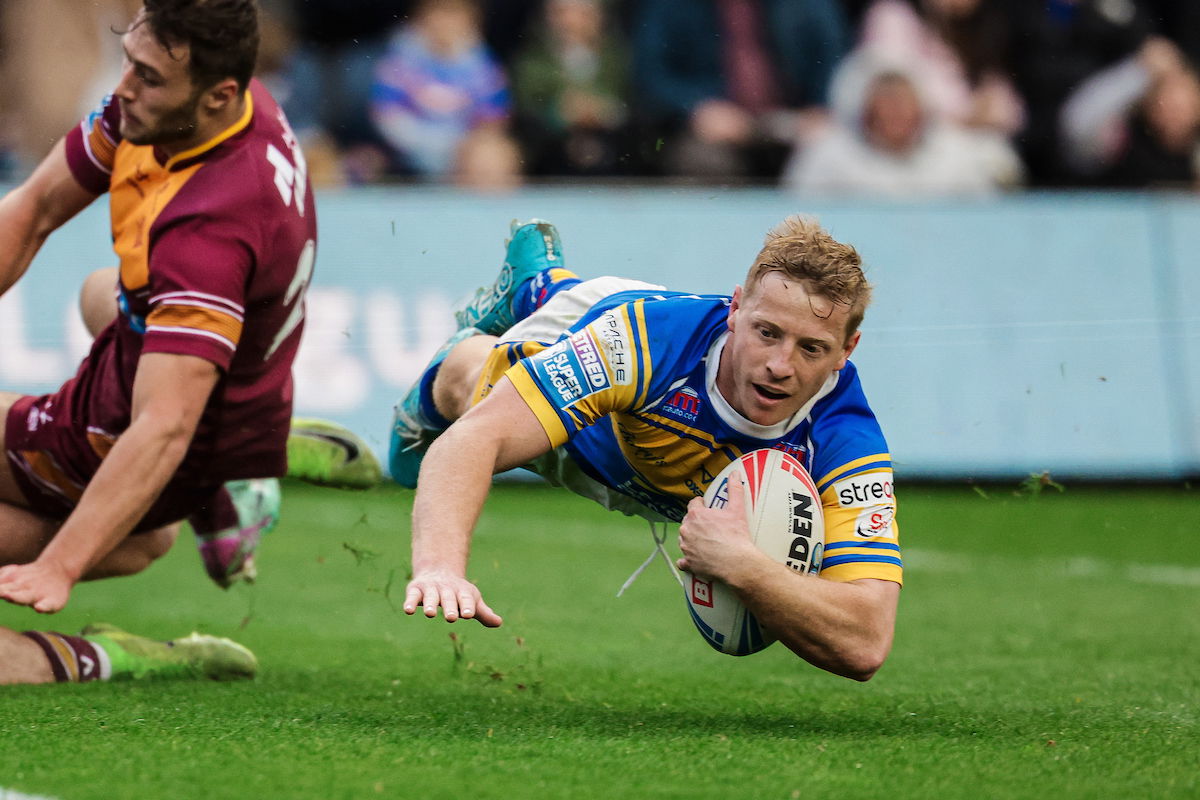 Leeds Rhinos fullback Lachie Miller scores a try
