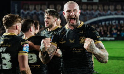 Hull FC centre Zak Hardaker celebrates a win