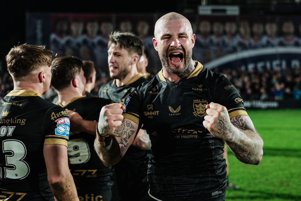 Hull FC centre Zak Hardaker celebrates a win